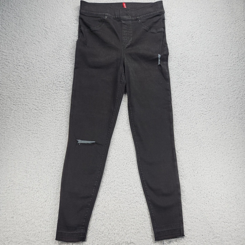 Spanx Jeans Womens Medium Black Distressed High Rise Raw Hem Jegging Stretch
